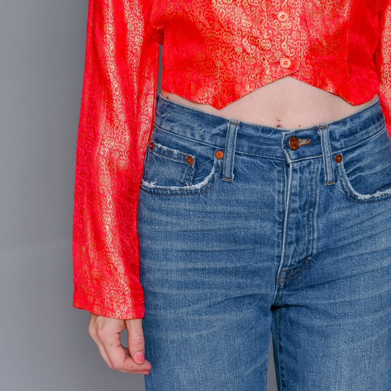 VINTAGE Brocade Metallic Red Cropped Button Down Top (S)