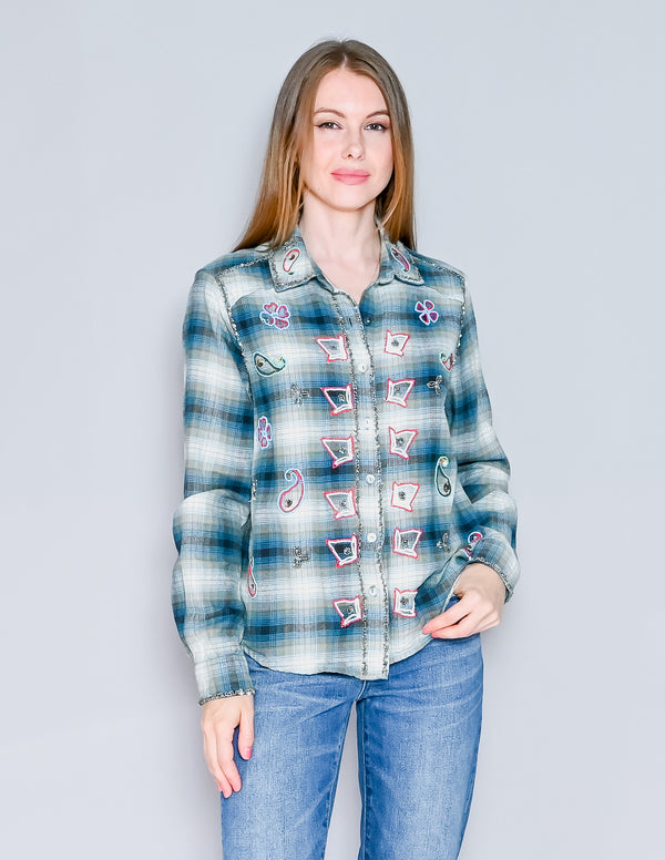 MISS ME VINTAGE Blue Plaid Beaded Shirt (L)