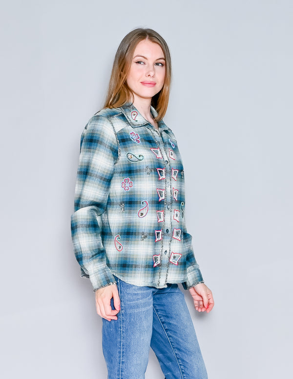 MISS ME VINTAGE Blue Plaid Beaded Shirt (L)