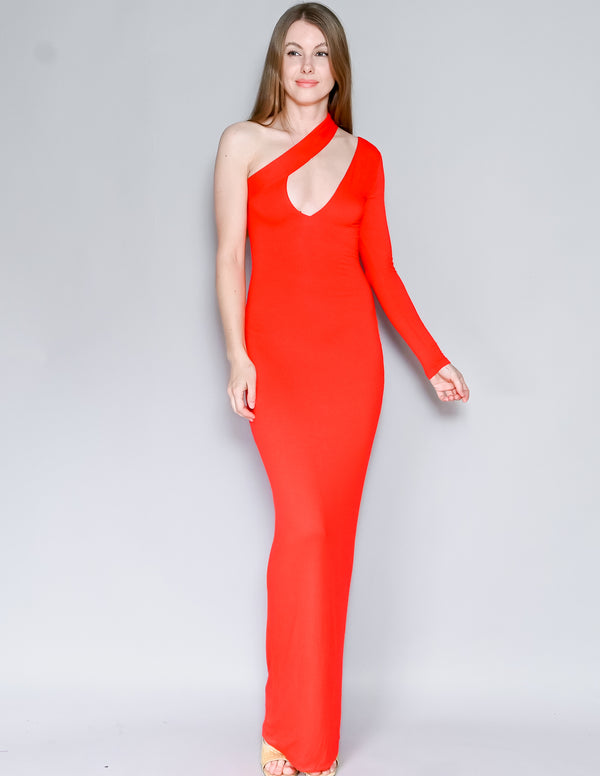 AQ/AQ Red Shay One-Sleeve Jersey Maxi Gown (0)