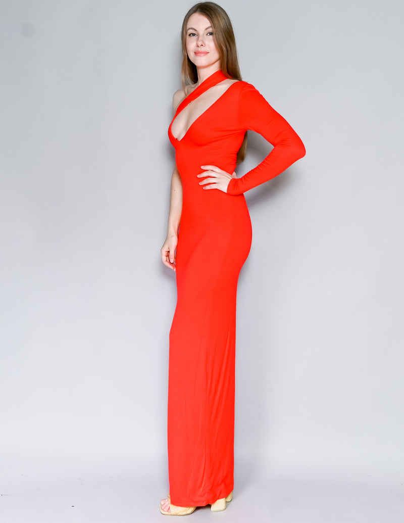 AQ/AQ Red Shay One-Sleeve Jersey Maxi Gown (0)