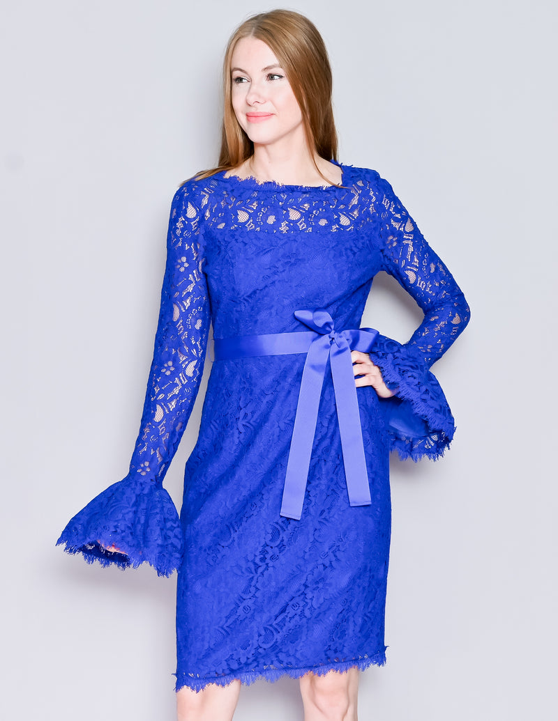 SHANI Blue Lace Bell-Sleeve Dress (4)