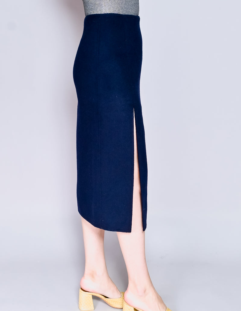 LOW CLASSIC Navy Wool Felt Midi Slits Skirt (M)