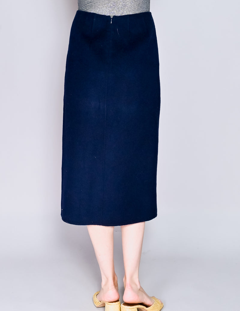 LOW CLASSIC Navy Wool Felt Midi Slits Skirt (M)
