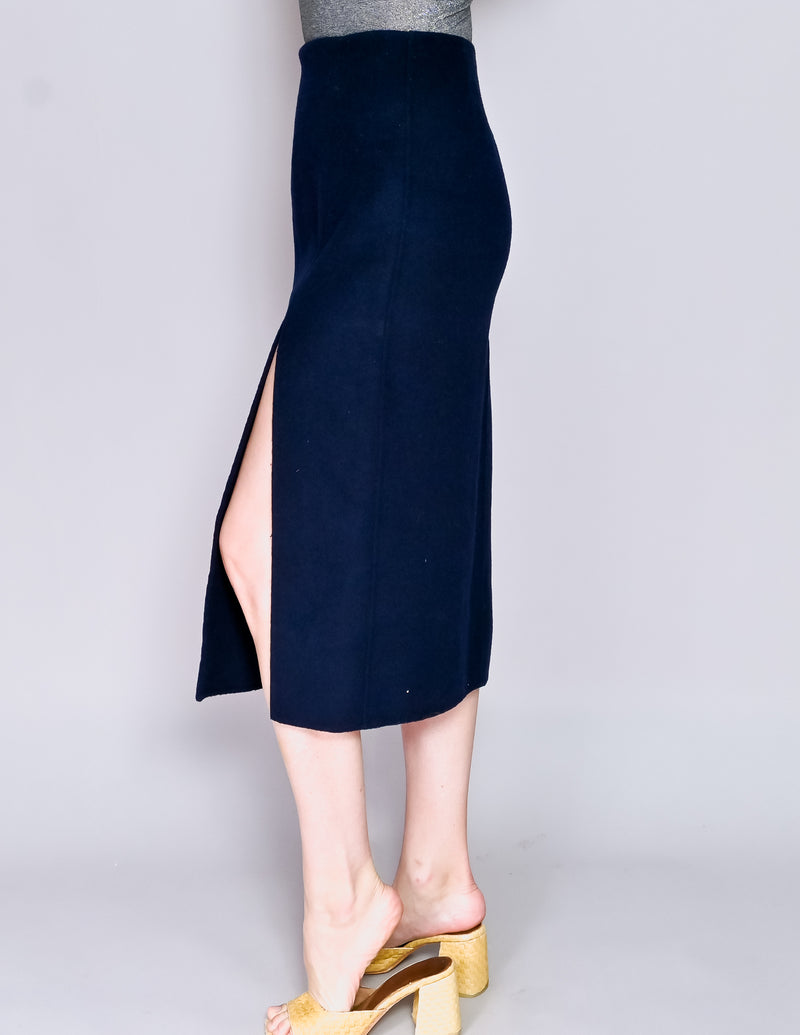 LOW CLASSIC Navy Wool Felt Midi Slits Skirt (M)