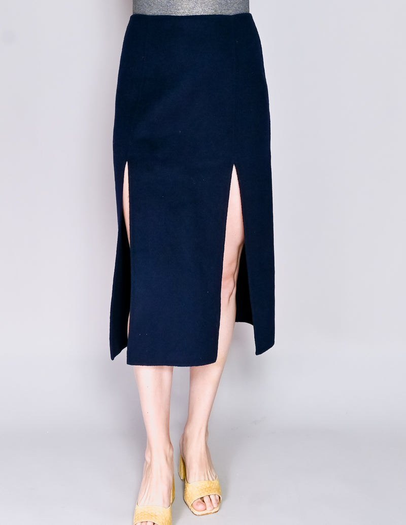 LOW CLASSIC Navy Wool Felt Midi Slits Skirt (M)
