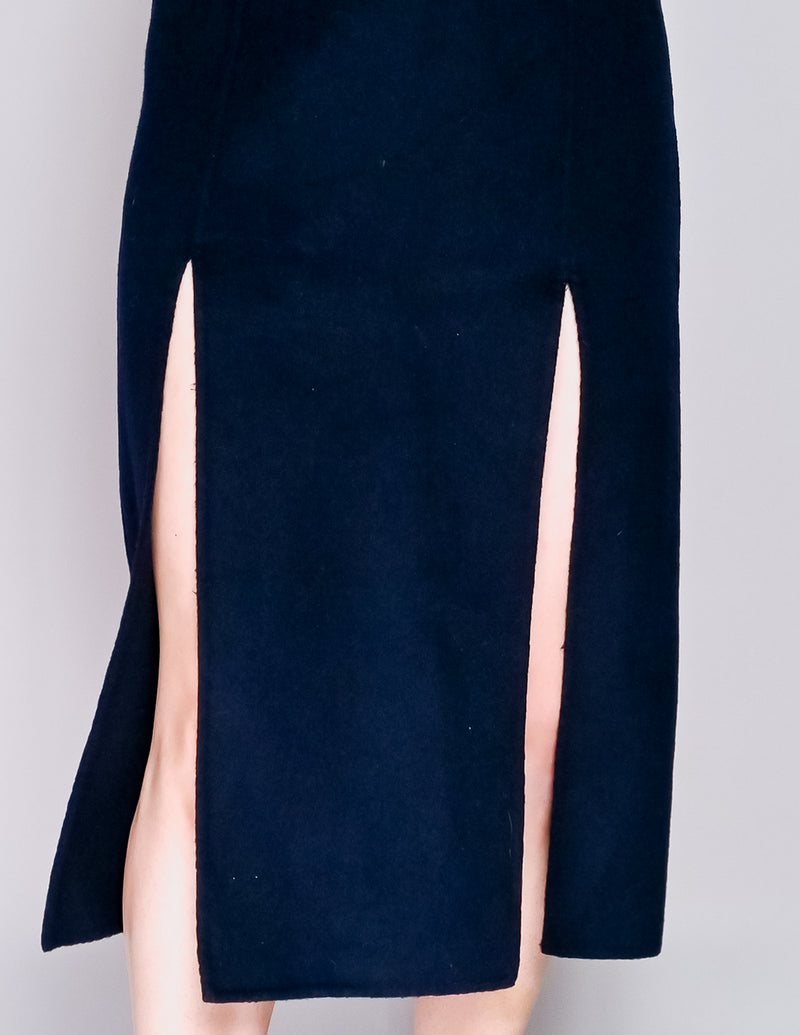 LOW CLASSIC Navy Wool Felt Midi Slits Skirt (M)