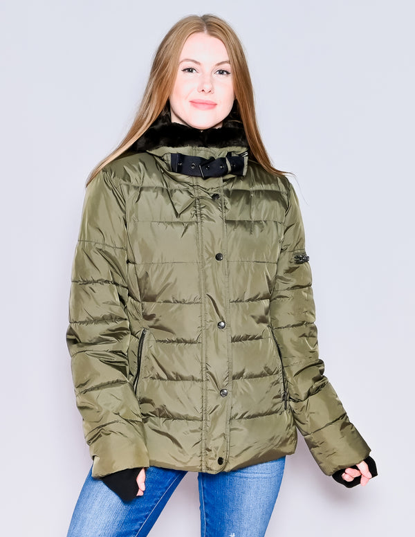 S13 NYC Green Faux-Fur Trim Puffer Jacket (L)