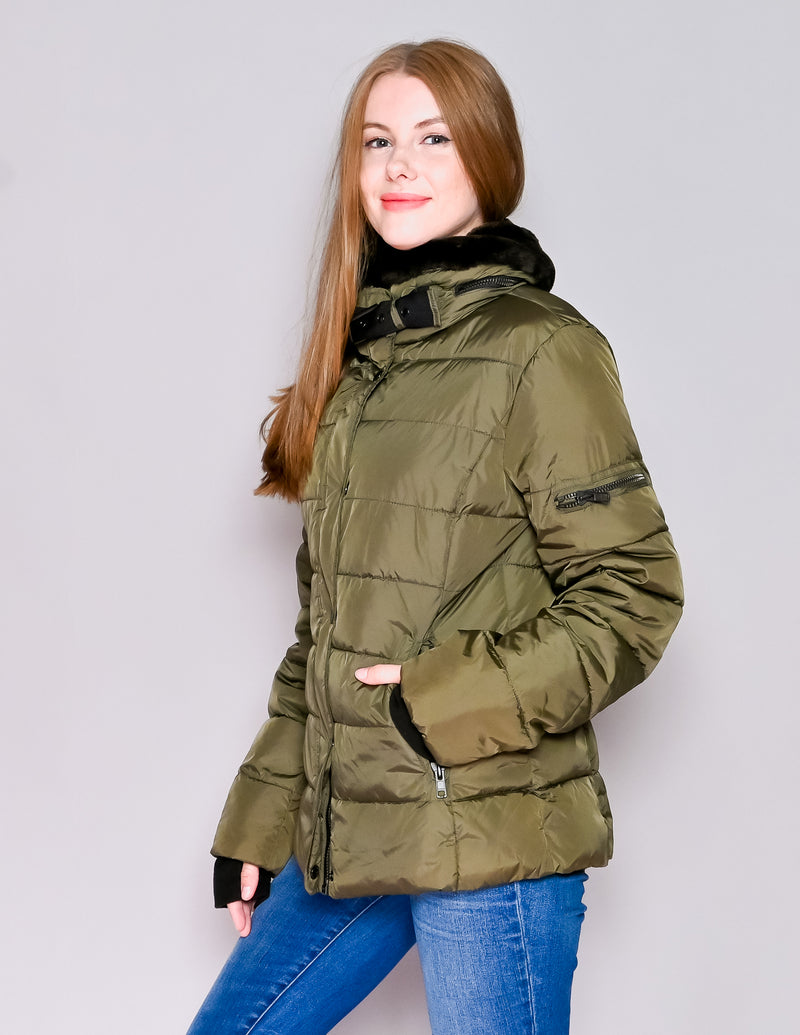 S13 NYC Green Faux-Fur Trim Puffer Jacket (L)