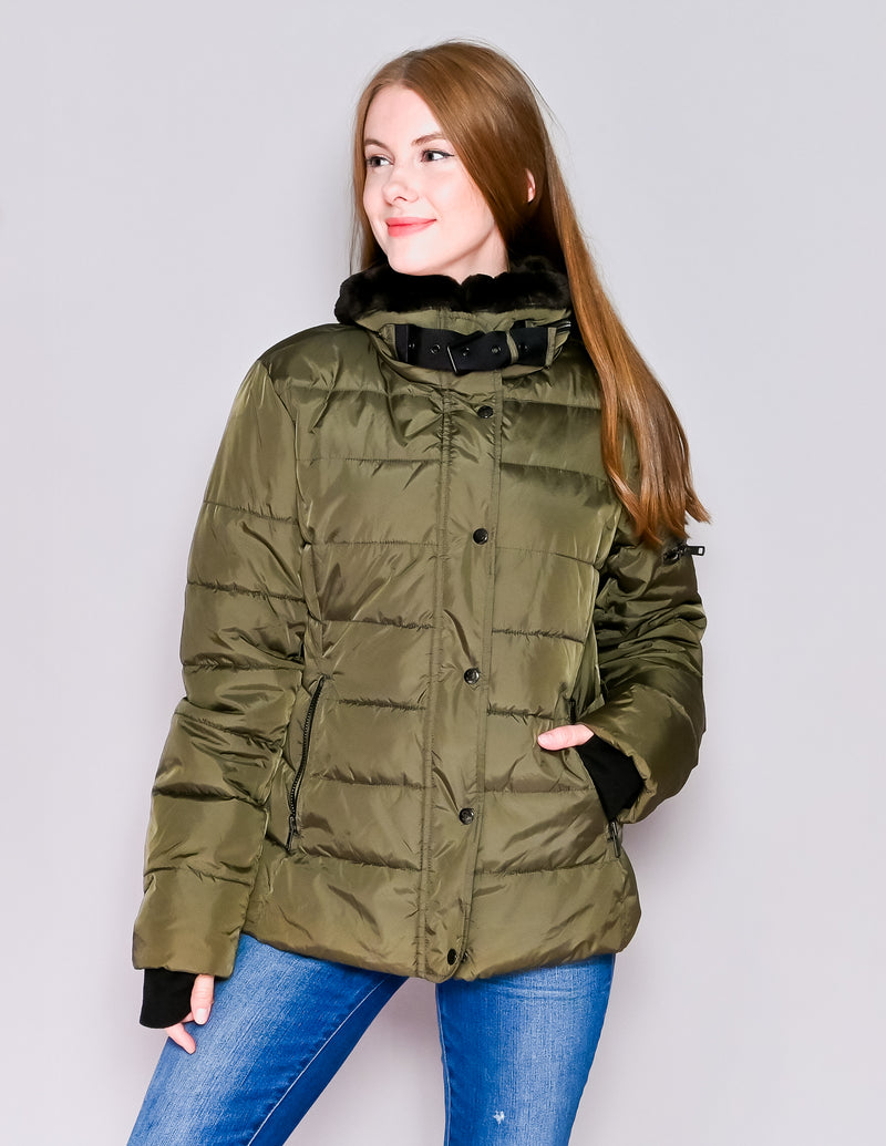 S13 NYC Green Faux-Fur Trim Puffer Jacket (L)