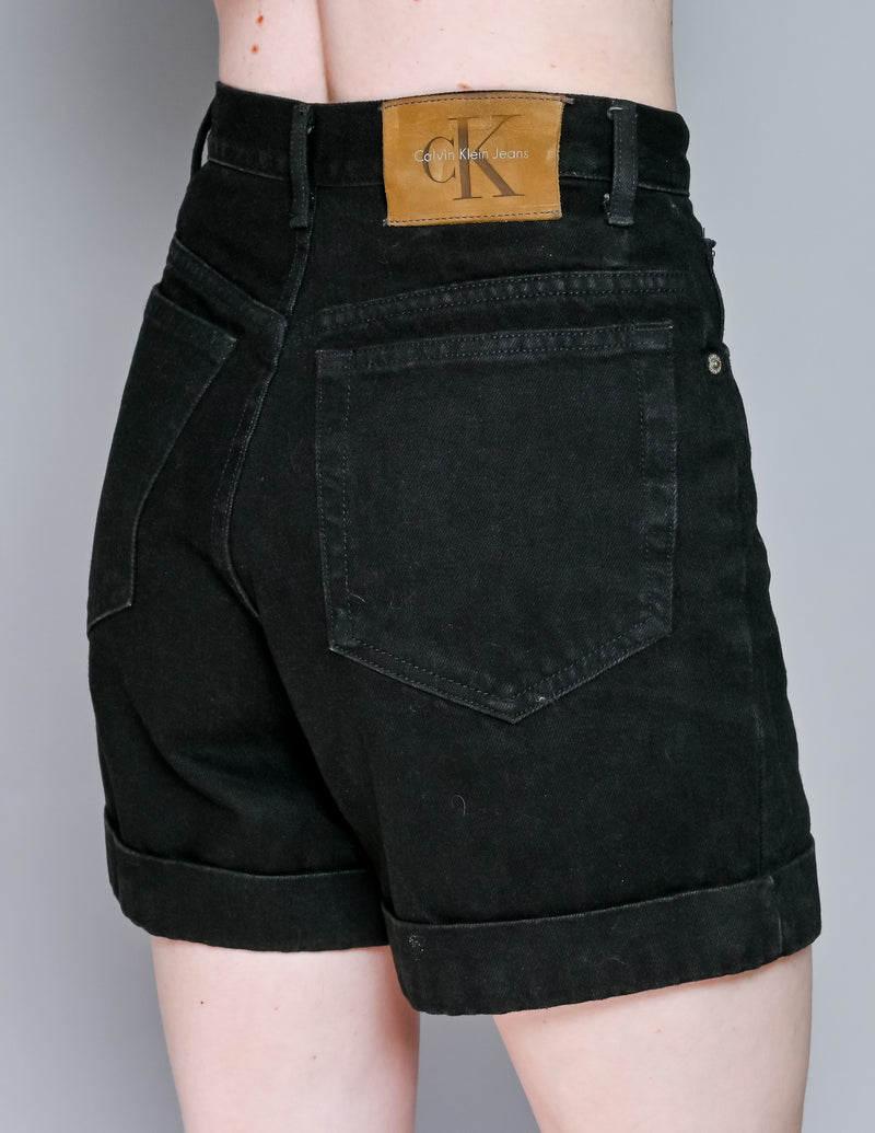 VINTAGE CALVIN KLEIN Black Denim Cuffed Jean Shorts (8)