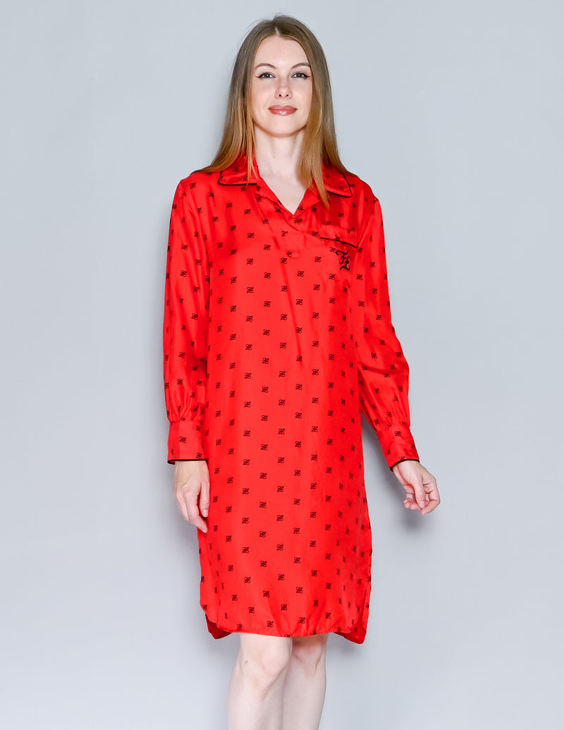 FENDI Karligraphy Motif Print Shirt Dress in Red Silk (38)