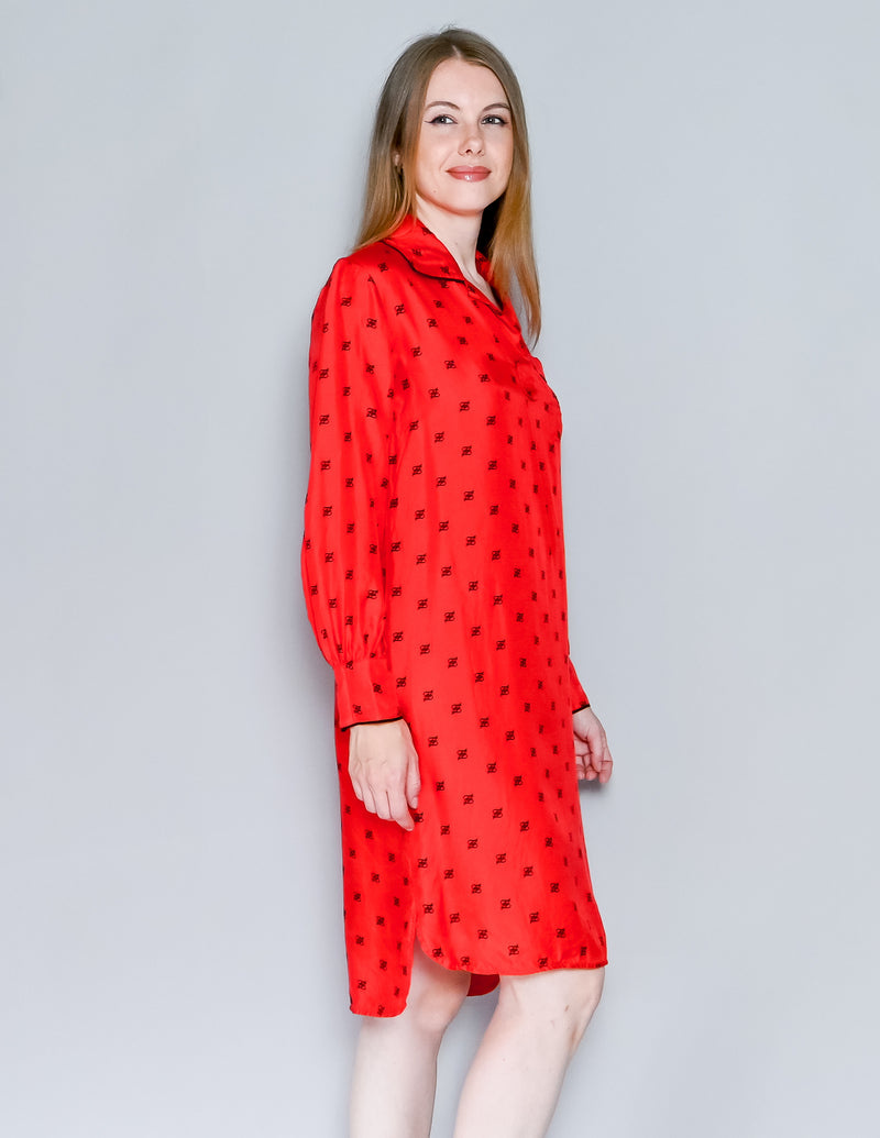 FENDI Karligraphy Motif Print Shirt Dress in Red Silk (38)