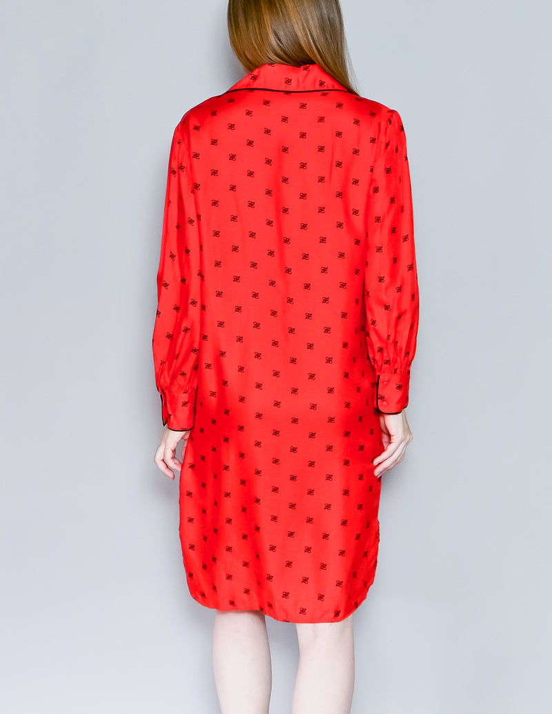 FENDI Karligraphy Motif Print Shirt Dress in Red Silk (38)
