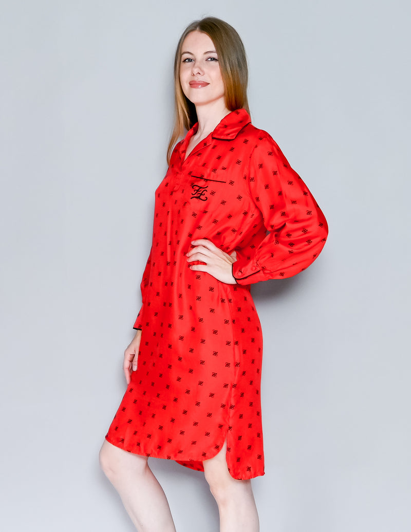 FENDI Karligraphy Motif Print Shirt Dress in Red Silk (38)