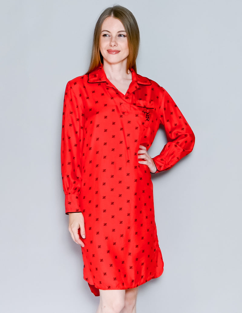 FENDI Karligraphy Motif Print Shirt Dress in Red Silk (38)