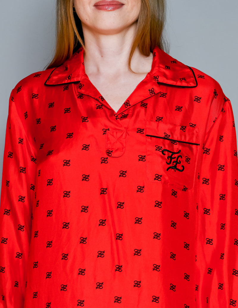 FENDI Karligraphy Motif Print Shirt Dress in Red Silk (38)