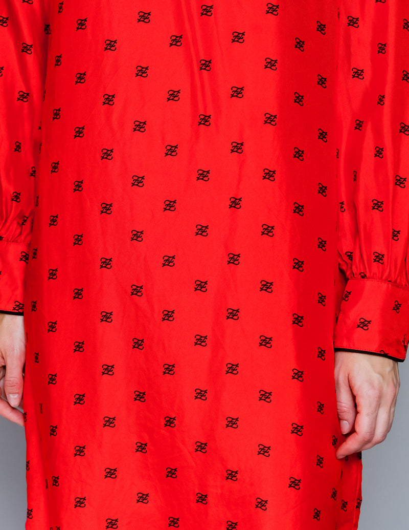 FENDI Karligraphy Motif Print Shirt Dress in Red Silk (38)