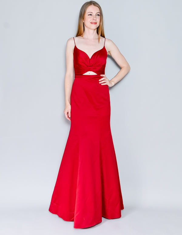 LA FEMME Deep Red Cutout Satin Mermaid Maxi Gown (4)