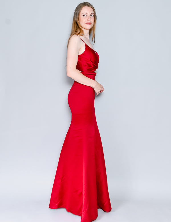 LA FEMME Deep Red Cutout Satin Mermaid Maxi Gown (4)