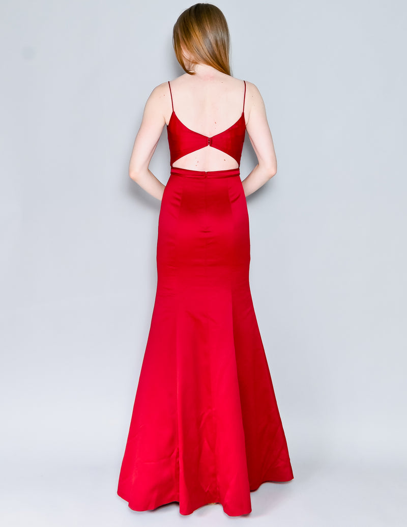LA FEMME Deep Red Cutout Satin Mermaid Maxi Gown (4)