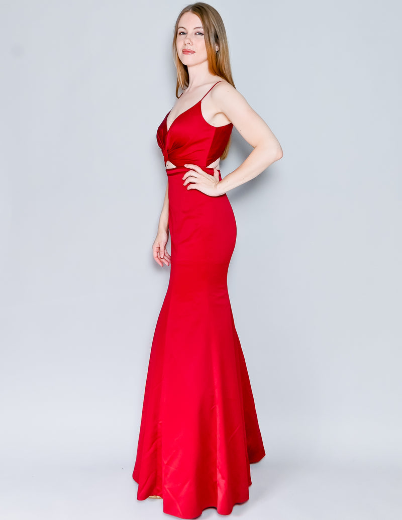 LA FEMME Deep Red Cutout Satin Mermaid Maxi Gown (4)