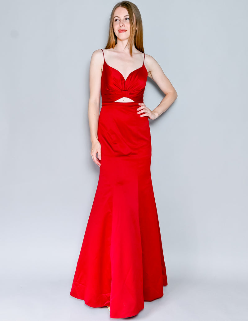 LA FEMME Deep Red Cutout Satin Mermaid Maxi Gown (4)