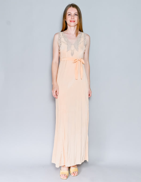1920s Antique Peach Lace Silky Slip Gown (M)