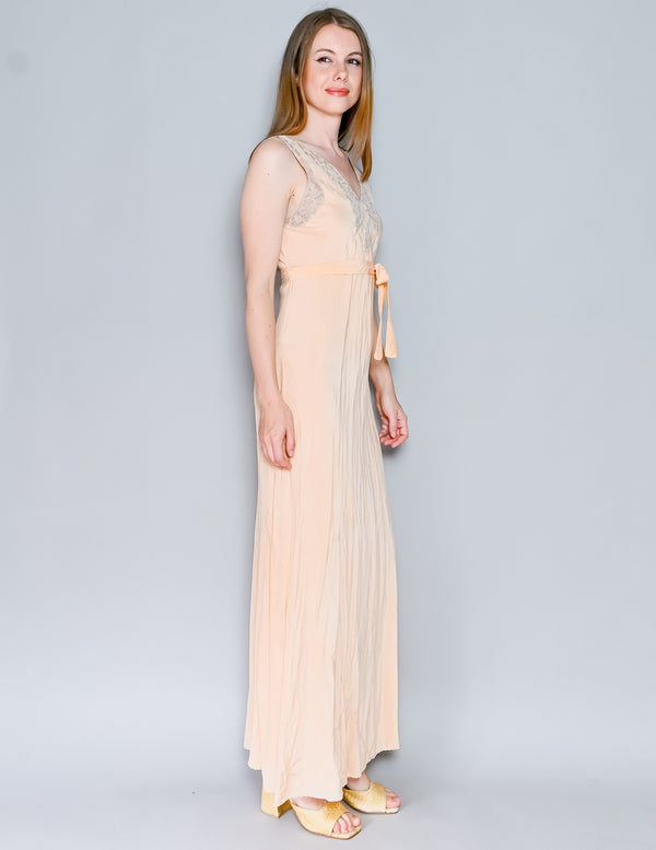 1920s Antique Peach Lace Silky Slip Gown (M)