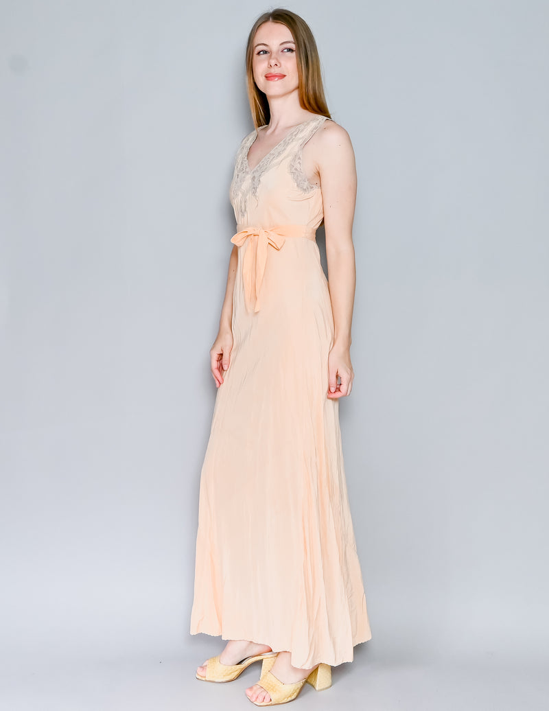 1920s Antique Peach Lace Silky Slip Gown (M)