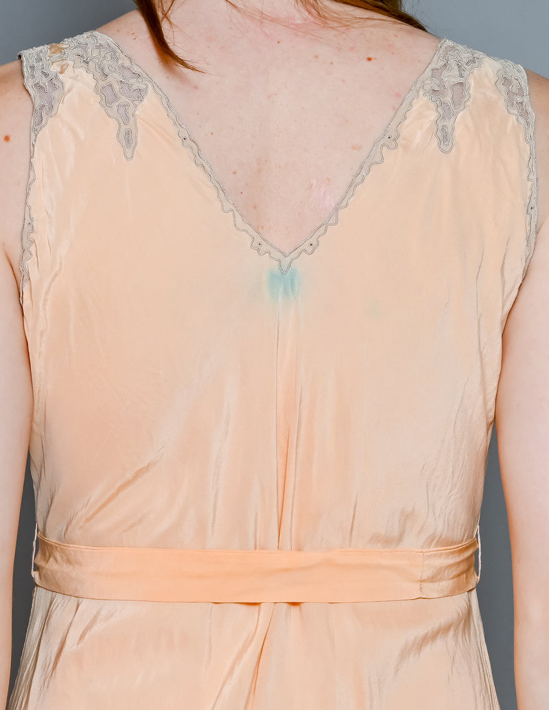 1920s Antique Peach Lace Silky Slip Gown (M)