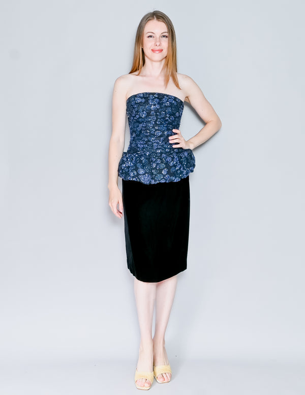 VICTOR COSTA Vintage Blue Glitter Puff Velvet Peplum Dress (XS)