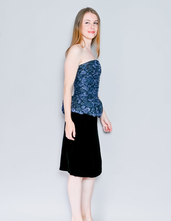 VICTOR COSTA Vintage Blue Glitter Puff Velvet Peplum Dress (XS)