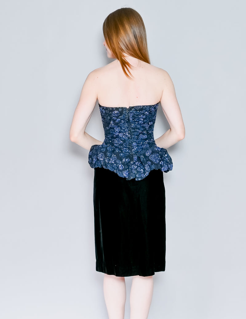 VICTOR COSTA Vintage Blue Glitter Puff Velvet Peplum Dress (XS)