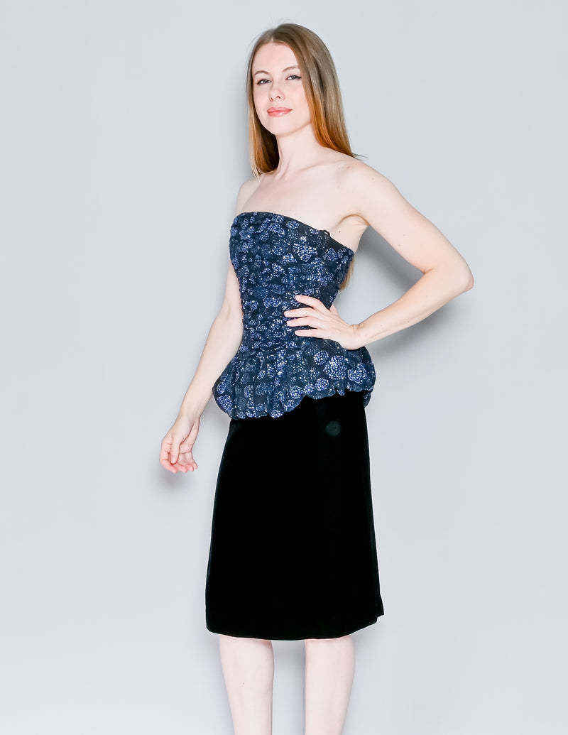 VICTOR COSTA Vintage Blue Glitter Puff Velvet Peplum Dress (XS)