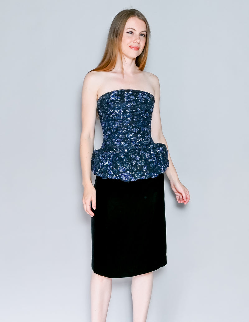 VICTOR COSTA Vintage Blue Glitter Puff Velvet Peplum Dress (XS)