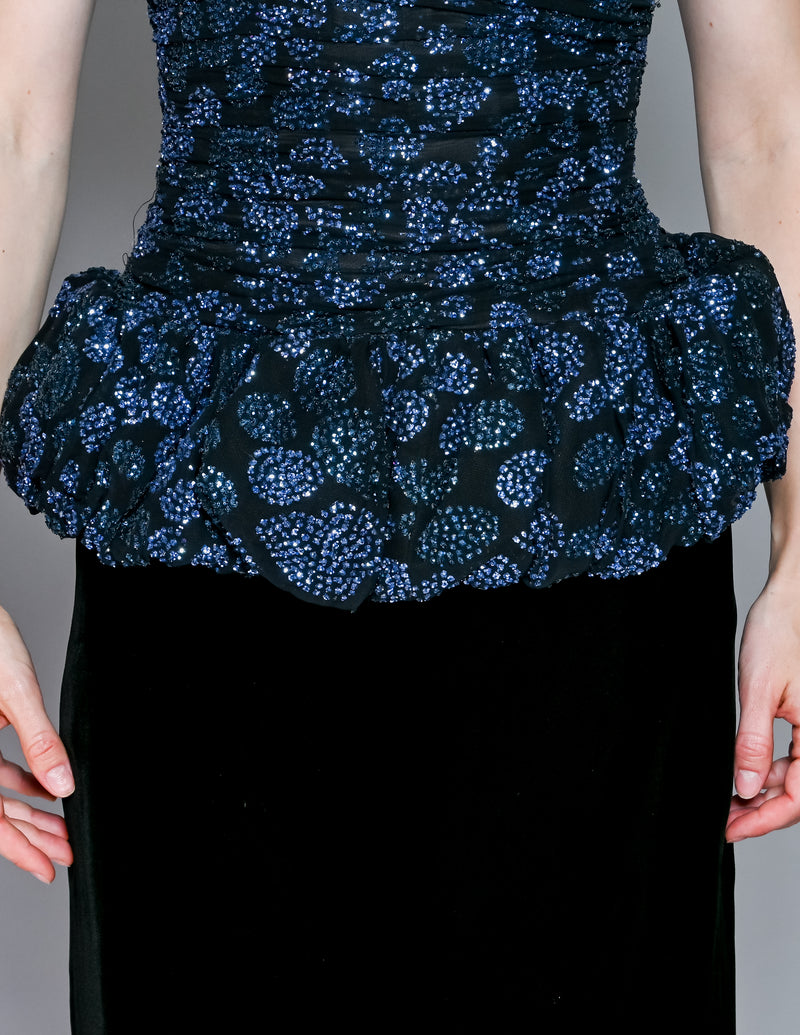 VICTOR COSTA Vintage Blue Glitter Puff Velvet Peplum Dress (XS)