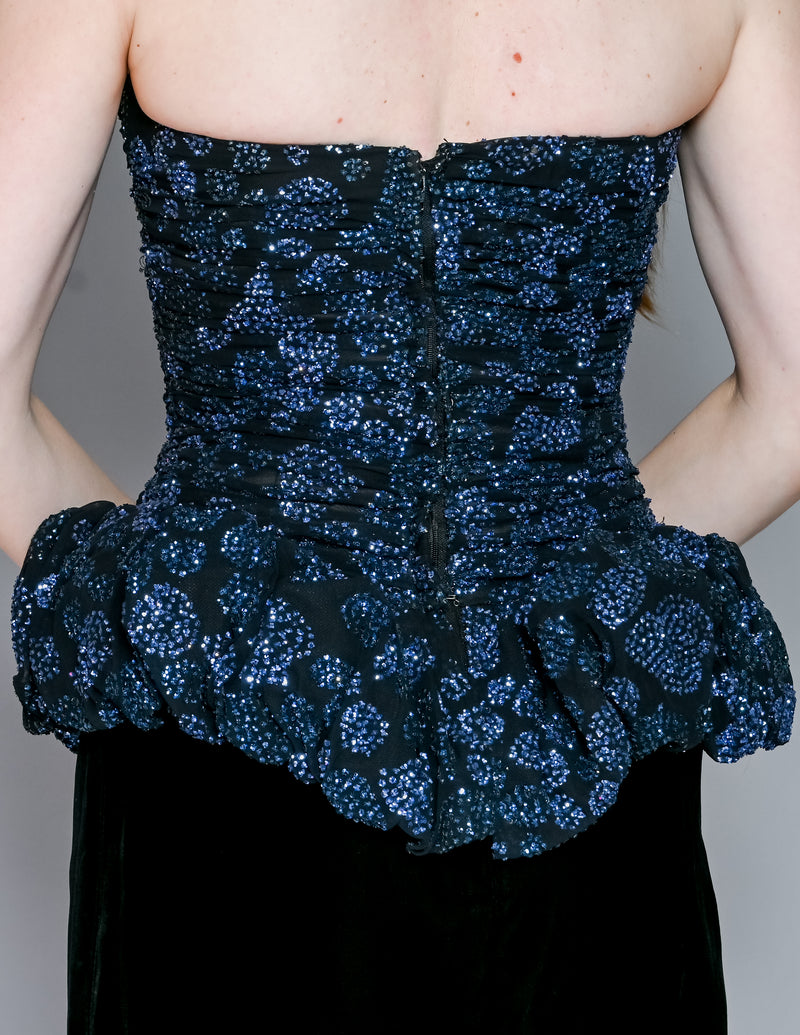 VICTOR COSTA Vintage Blue Glitter Puff Velvet Peplum Dress (XS)