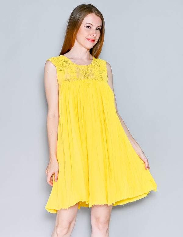 SUZIE KONDI Yellow Cotton Gauze Crochet Mini Dress (XS)