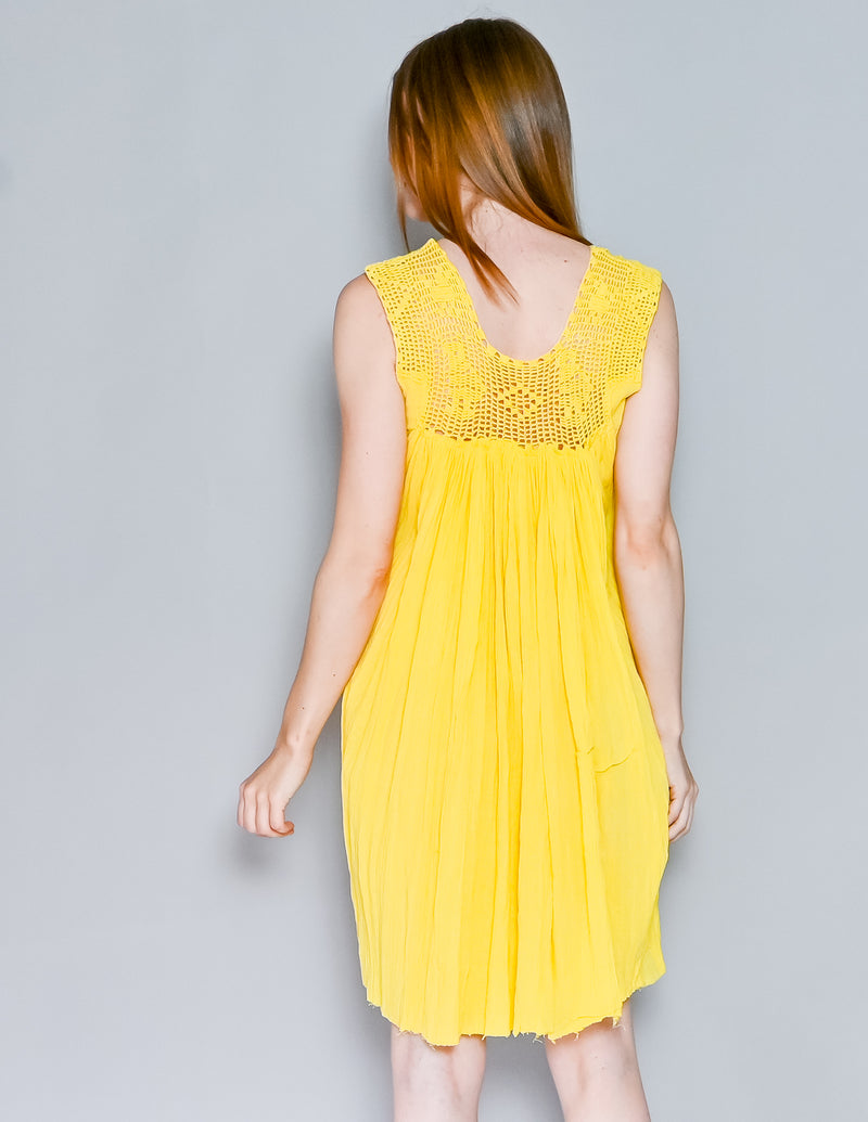 SUZIE KONDI Yellow Cotton Gauze Crochet Mini Dress (XS)