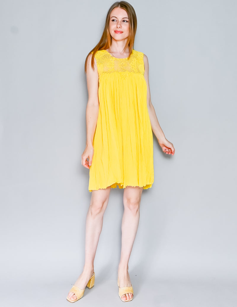 SUZIE KONDI Yellow Cotton Gauze Crochet Mini Dress (XS)