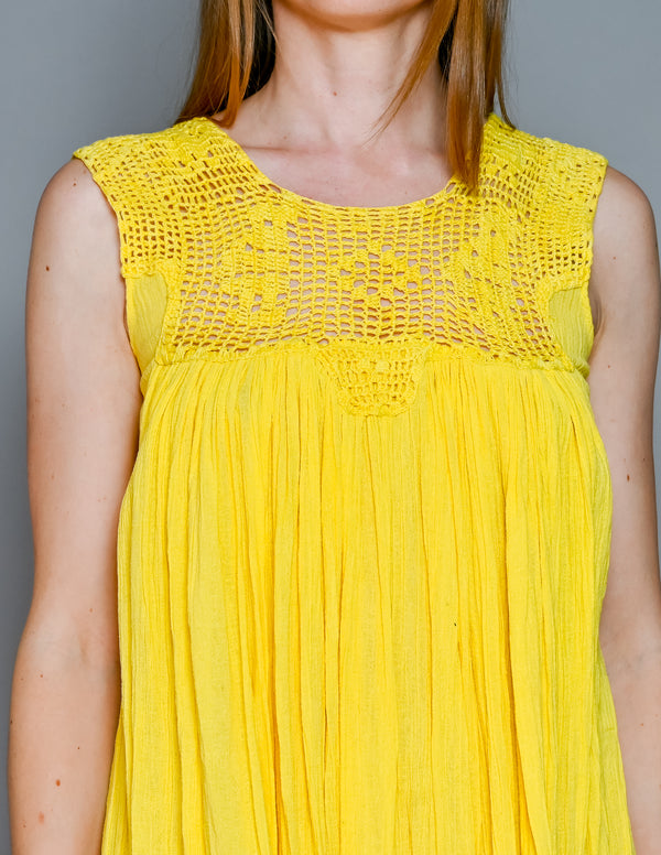 SUZIE KONDI Yellow Cotton Gauze Crochet Mini Dress (XS)