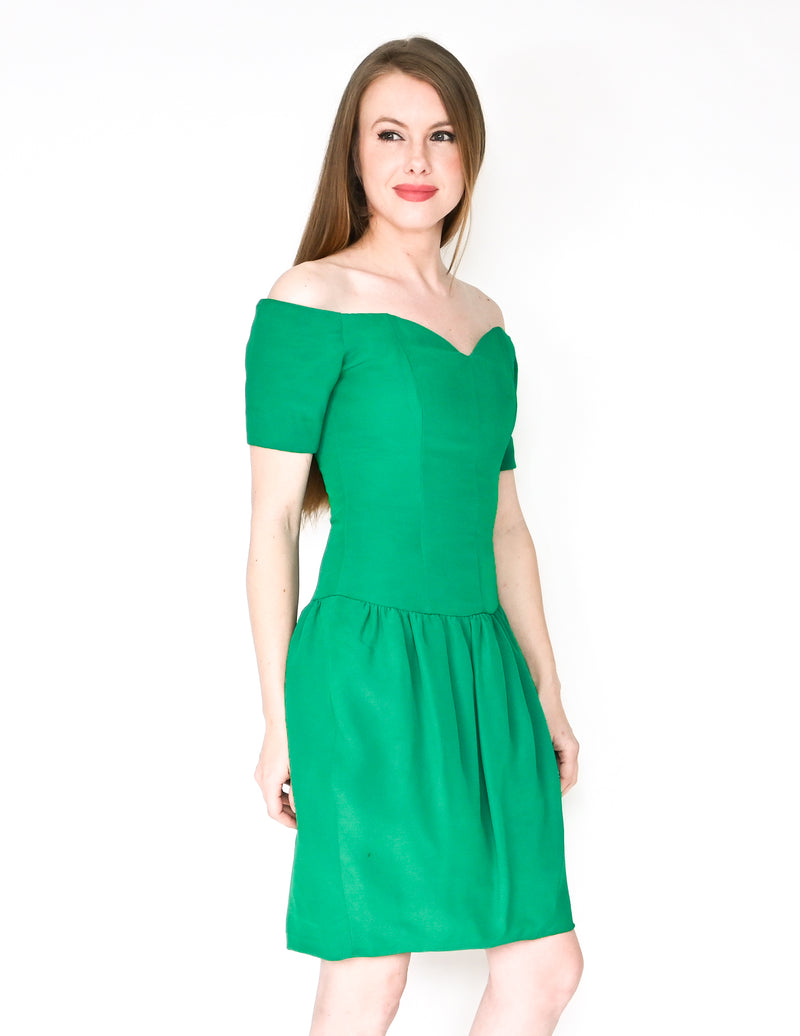 NICOLE MILLER Vintage Green Off-Shoulder Dress (Size 4)