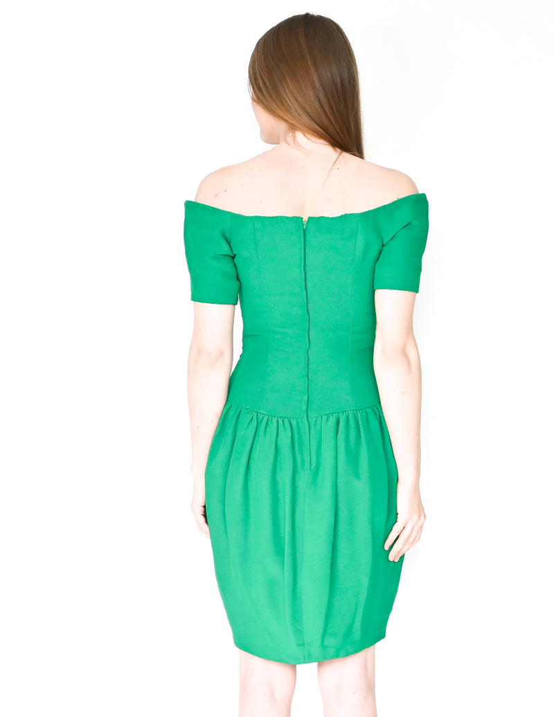 NICOLE MILLER Vintage Green Off-Shoulder Dress (Size 4)