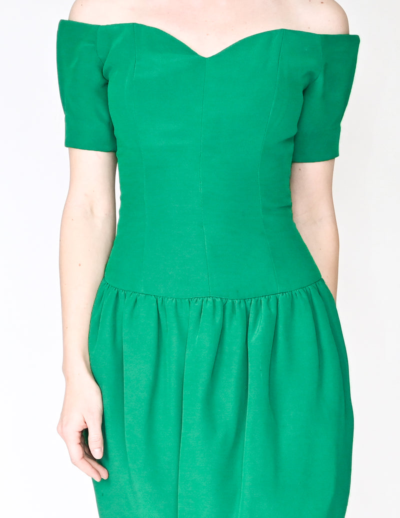 NICOLE MILLER Vintage Green Off-Shoulder Dress (Size 4)