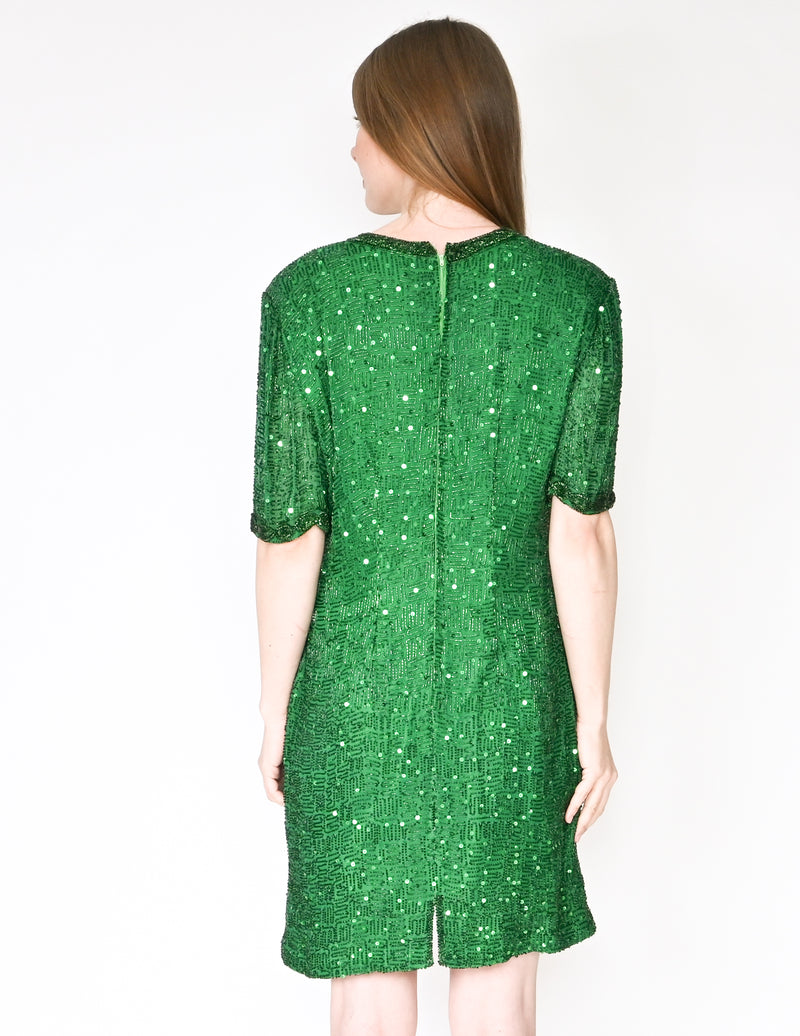 VINTAGE LAWRENCE KAZAR Green Beaded Silk Dress