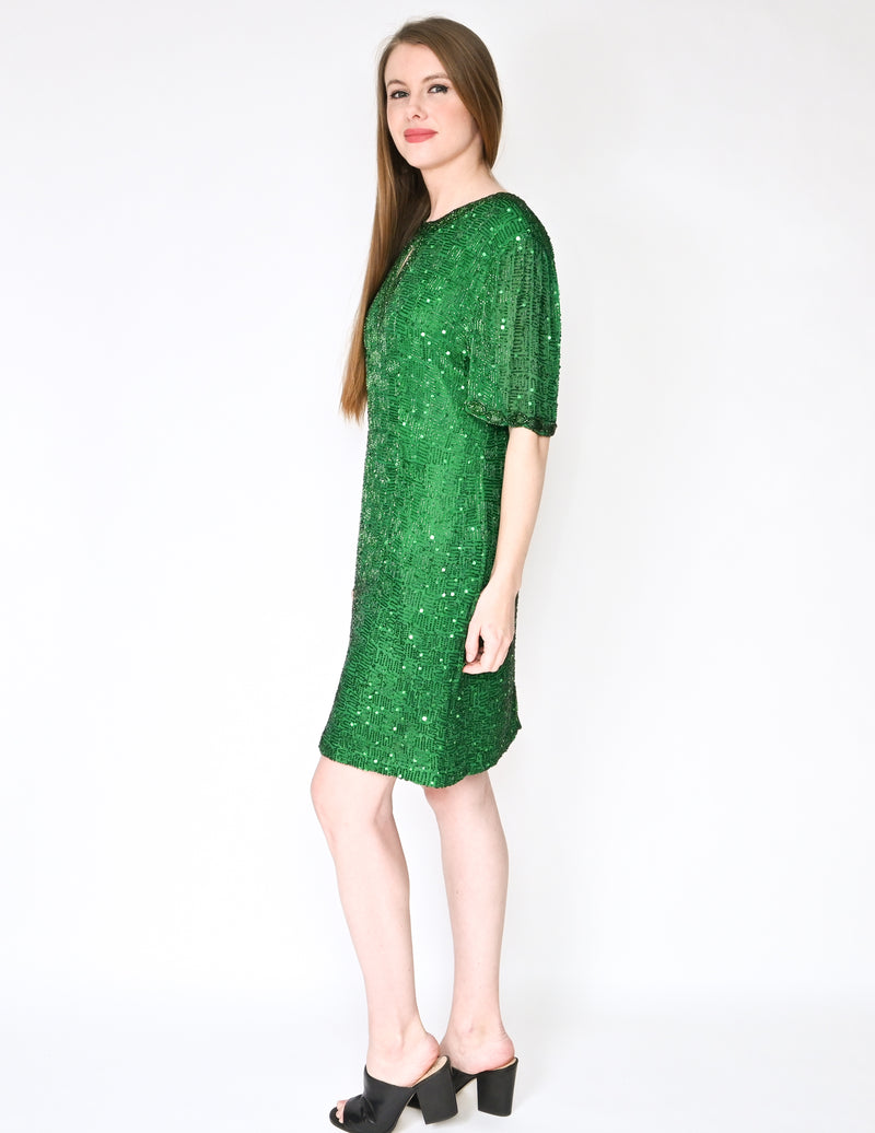 VINTAGE LAWRENCE KAZAR Green Beaded Silk Dress