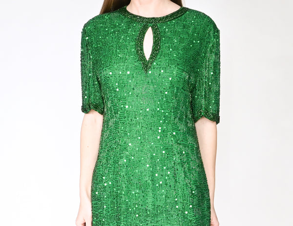 VINTAGE LAWRENCE KAZAR Green Beaded Silk Dress
