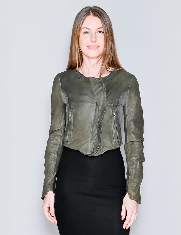 HANII Y Olive Sheepskin Leather Crop Jacket (XS)
