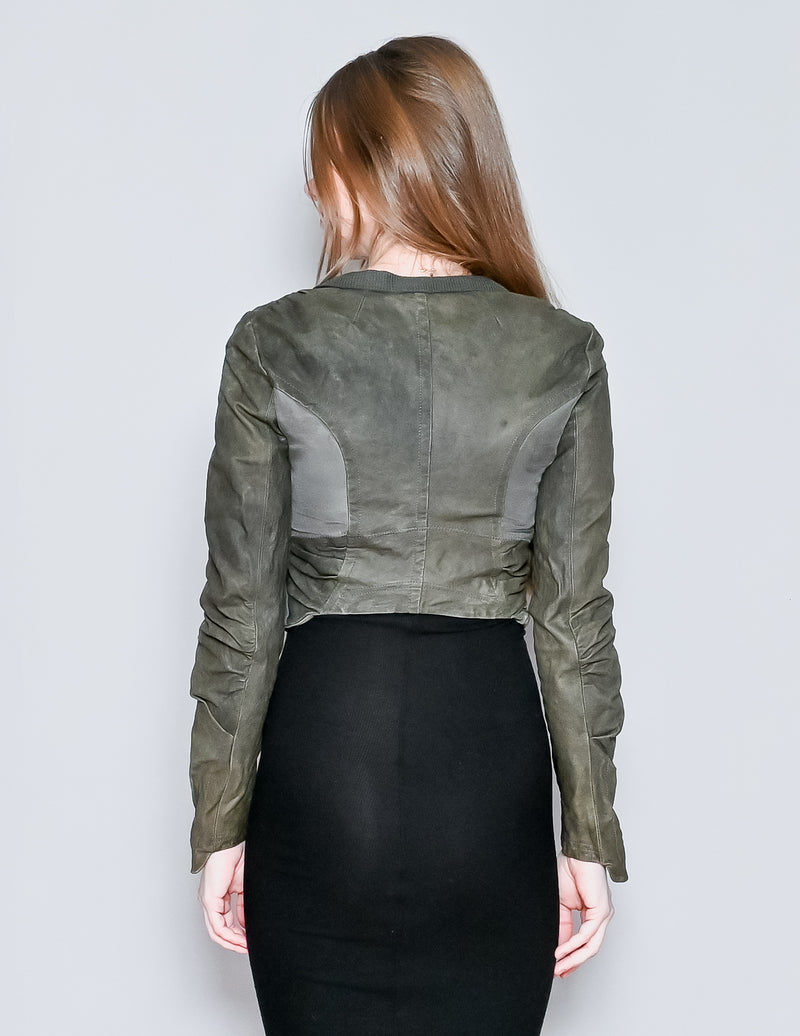 HANII Y Olive Sheepskin Leather Crop Jacket (XS)